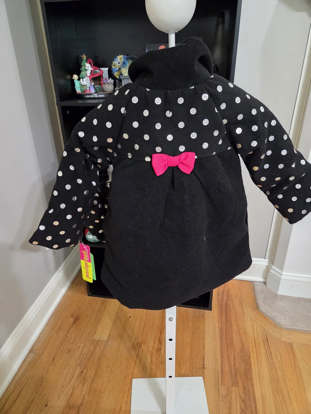 Penelope Mack Black Coat with White Polka-Dot Sleeves And Matching Hat